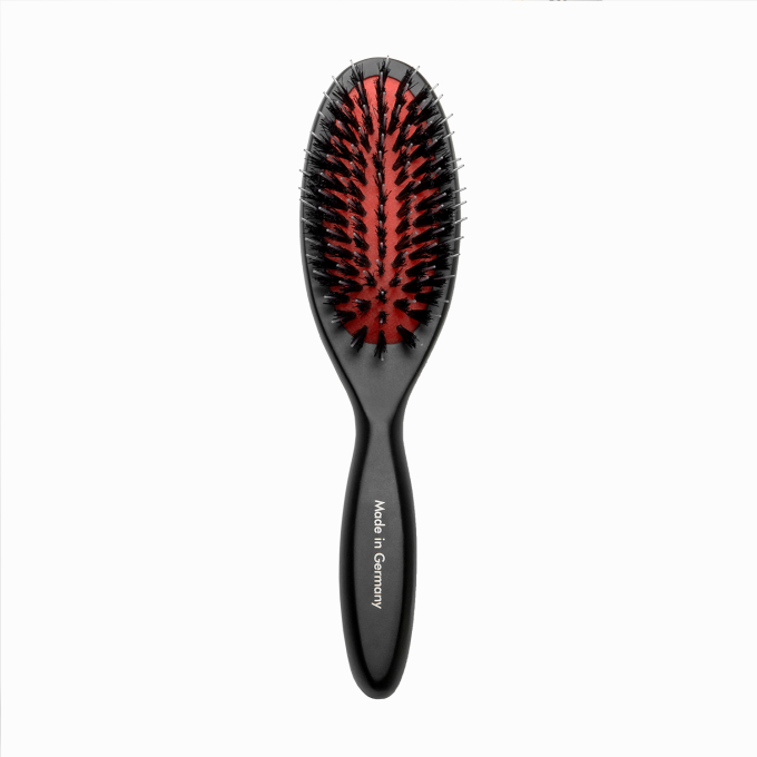 Brush, beech wood, 16 mm boar bristles with nylon teeth, black, oval shape - 0