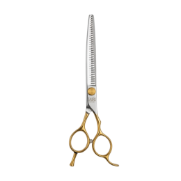 Perfection by Janita J. Plungė professional curved thinning (chunker) scissors for grooming, right-handed, stainless steel, silver with gold handles, 18 cm