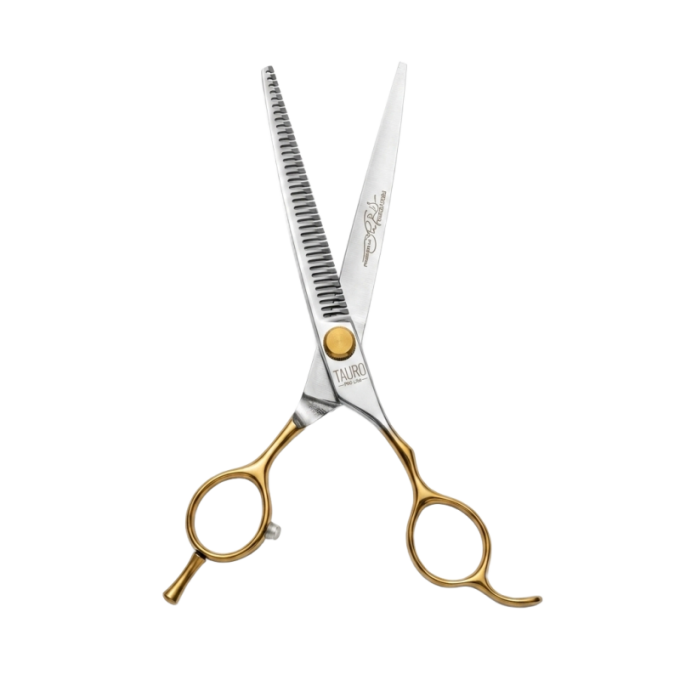 Perfection by Janita J. Plungė professional curved thinning (chunker) scissors for grooming, right-handed, stainless steel, silver with gold handles, 18 cm - 2