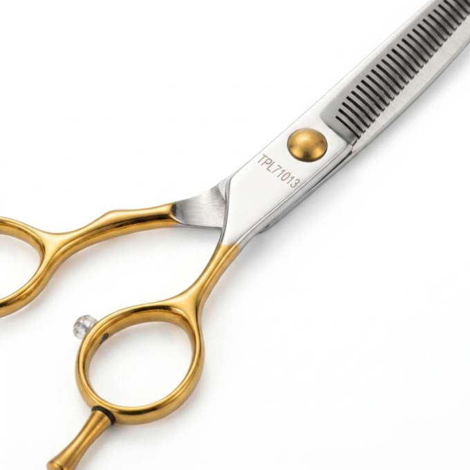 Perfection by Janita J. Plungė professional curved thinning scissors for grooming, right-handed, stainless steel, silver with gold handles, 18 cm - 1