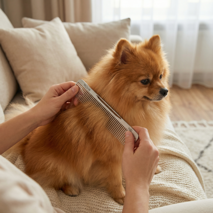 Professional groomer line, dual density comb for coat grooming and styling, stainless steel, glossy silver (pin length 40 mm) - 3