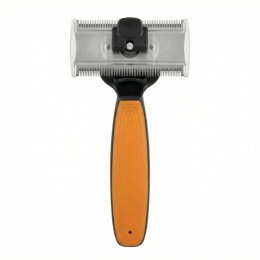 грабли для ухода за животными для вычесывания шерсти с вращающимися двойными лезвиями из нержавеющей стали (76 мм x 40 мм), расстояние между зубьями 0,8 мм и 0,6 мм, черные с оранжевой ручкой