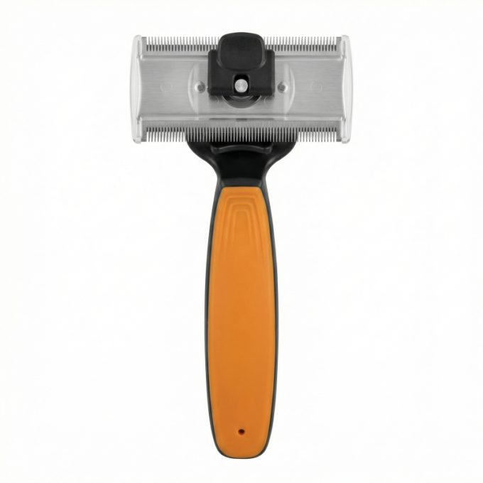 грабли для ухода за животными для вычесывания шерсти с вращающимися двойными лезвиями из нержавеющей стали (76 мм x 40 мм), расстояние между зубьями 0,8 мм и 0,6 мм, черные с оранжевой ручкой - 0
