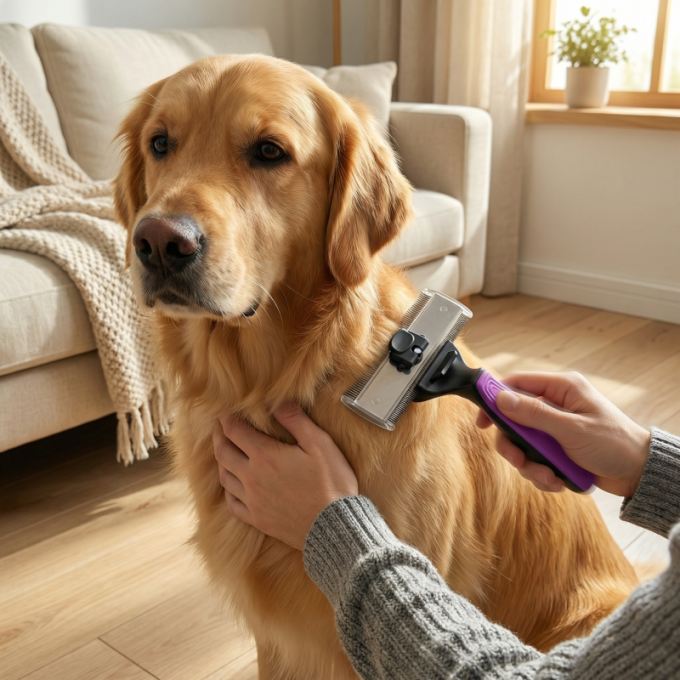 грабли для ухода за животными для вычесывания шерсти с вращающимися двойными лезвиями из нержавеющей стали (110 мм x 40 мм), расстояние между зубьями 0,8 мм и 0,6 мм, черные с фиолетовой ручкой - 5