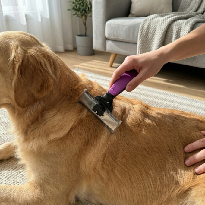 грабли для ухода за животными для вычесывания шерсти с вращающимися двойными лезвиями из нержавеющей стали (110 мм x 40 мм), расстояние между зубьями 0,8 мм и 0,6 мм, черные с фиолетовой ручкой - 6