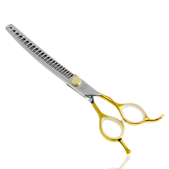 cutting scissors "Perfection by Janita J. Plunge", curved, thinning (chunker), 23 teeth, 440c stainless steel, golden color, 18 cm (7'') - 0