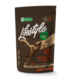 dry grain free food for adult cats with salmon and krill after sterilisation