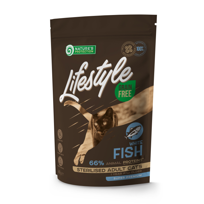 dry grain free food for adult cats with white fish after sterilisation - 0