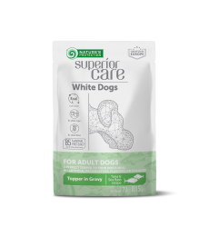 wet food supplement with tuna and sea bass for adult white-coated dogs of all breeds