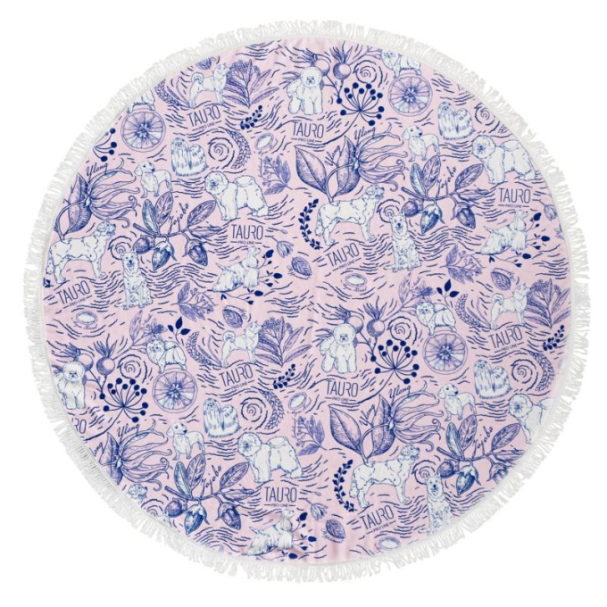 round microfiber towel, unique design, pink with blue details and fringes - 0