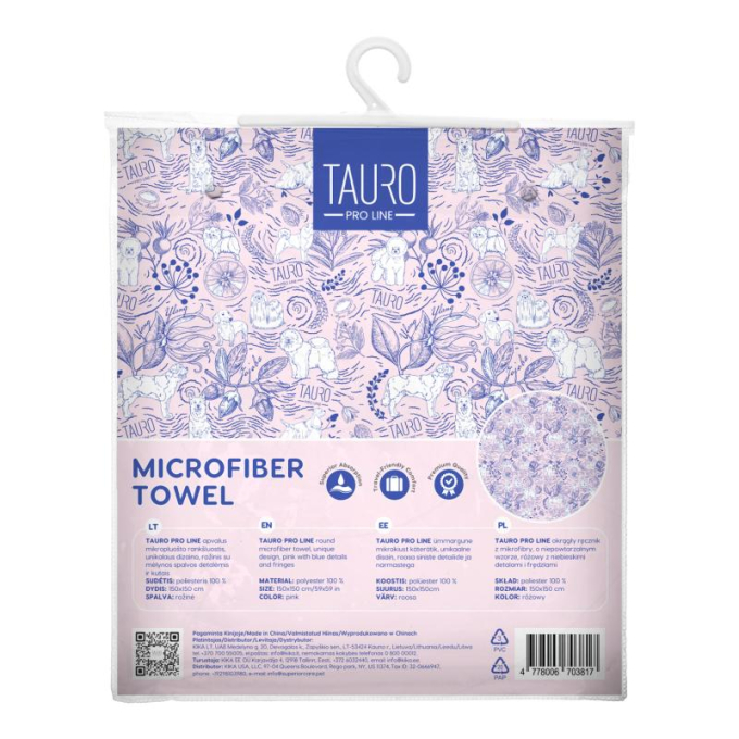 round microfiber towel, unique design, pink with blue details and fringes - 2