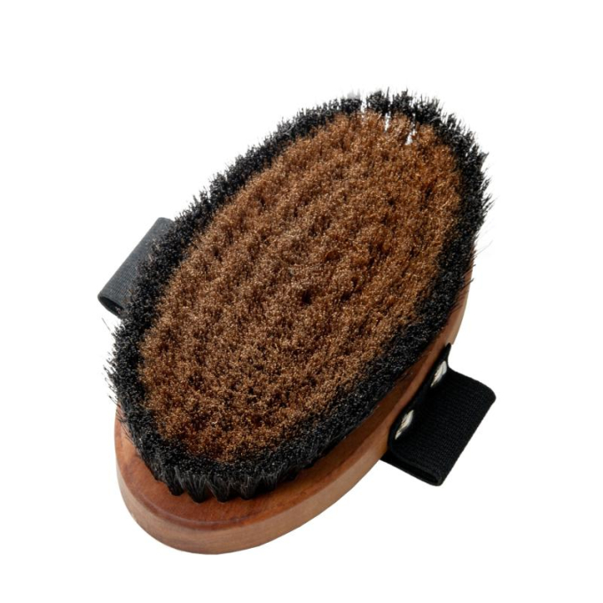 Massage brush, pear wood, bronze metal and horse hair bristles, antistatic, light brown - 1