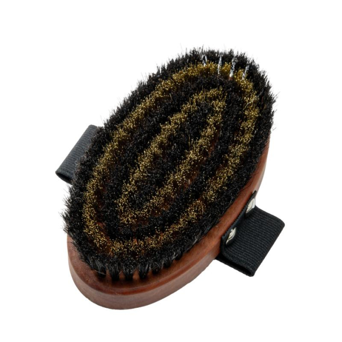 Massage brush, pear wood, brass metal and horse hair bristles, light brown - 1