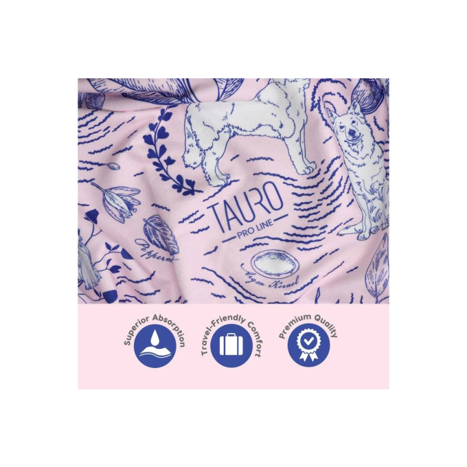 round microfiber towel, unique design, pink with blue details and fringes - 5